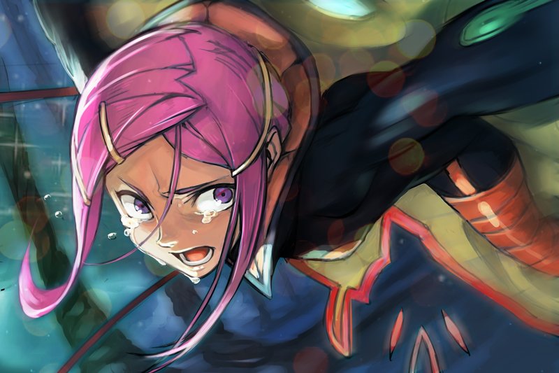 1girl anemone_(eureka_seven) bent_over black_bodysuit bodysuit commentary_request crying crying_with_eyes_open eureka_seven eureka_seven_(series) hair_ornament hairclip hankuri lens_flare motion_blur open_mouth purple_hair solo teardrop tears thigh-highs violet_eyes wide-eyed