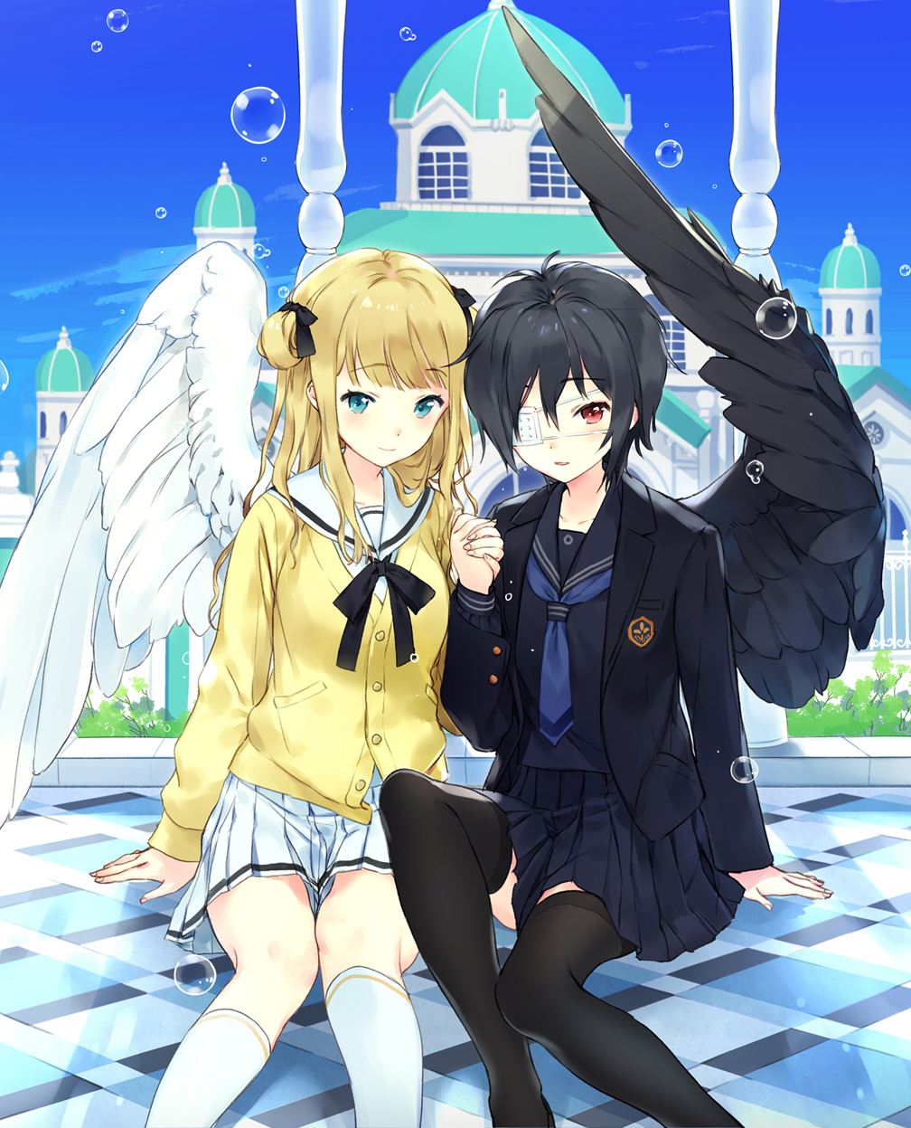 2girls arm_support bangs black_blazer black_bow black_hair black_legwear black_sailor_collar black_serafuku black_shirt black_skirt black_wings blazer blonde_hair blue_eyes blue_neckwear blue_sky blush bow bubble cardigan closed_mouth commentary_request day double_bun eyebrows_visible_through_hair eyepatch feathered_wings fingernails hair_between_eyes hand_holding highres jacket kneehighs long_hair long_sleeves looking_at_viewer macciatto_(aciel02) medical_eyepatch multiple_girls necktie open_blazer open_clothes open_jacket original outdoors palace parted_lips red_eyes sailor_collar school_uniform serafuku shirt short_hair side_bun single_wing sitting skirt sky smile thigh-highs white_legwear white_sailor_collar white_serafuku white_shirt white_skirt white_wings wings yellow_cardigan yuri