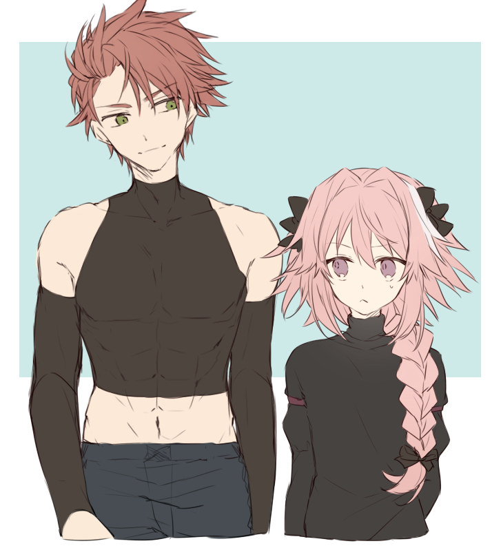 2boys :&lt; astolfo_(fate) bangs bare_shoulders black_bow black_shirt blue_background blue_pants bow braid character_request citron_82 commentary_request crop_top cropped_arms cropped_legs cropped_torso detached_sleeves eye_contact eyebrows_visible_through_hair fate/apocrypha fate_(series) green_eyes hair_bow hair_intakes hair_over_shoulder long_hair long_sleeves looking_at_another male_focus multicolored_hair multiple_boys muscle navel outside_border pale_color pants parted_bangs pink_hair puffy_long_sleeves puffy_sleeves redhead shirt simple_background single_braid skin_tight sleeve_garters smile standing streaked_hair sweatdrop trap turtleneck two-tone_hair white_border white_hair