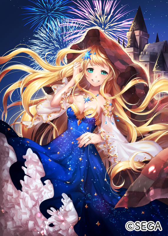 1girl aqua_eyes bare_shoulders blanket blonde_hair blue_dress blush breasts castle detached_sleeves dress fireworks glint hair_ornament hand_up jewelry long_hair looking_at_viewer medium_breasts night night_sky official_art outdoors plaid ring sky smile solo standing star star_(sky) star_print starry_sky very_long_hair watermark wonderland_wars yamagishi_chihiro