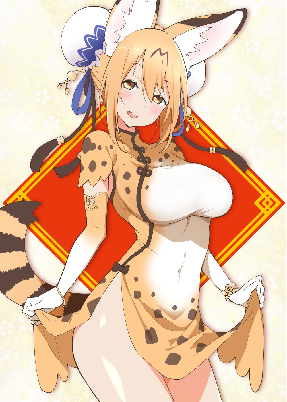 1girl :d adapted_costume alternate_breast_size alternate_hairstyle animal_ears black_ribbon blonde_hair blue_ribbon blush bracelet breasts bun_cover china_dress chinese_clothes commentary_request covered_navel cowboy_shot double_bun dress elbow_gloves gloves hair_between_eyes hair_ribbon hayashi_(l8poushou) head_tilt highres jewelry kemono_friends large_breasts looking_at_viewer no_panties older open_mouth ribbon serval_(kemono_friends) serval_ears serval_tail short_sleeves side_slit skirt_hold smile solo striped_tail tail yellow_eyes