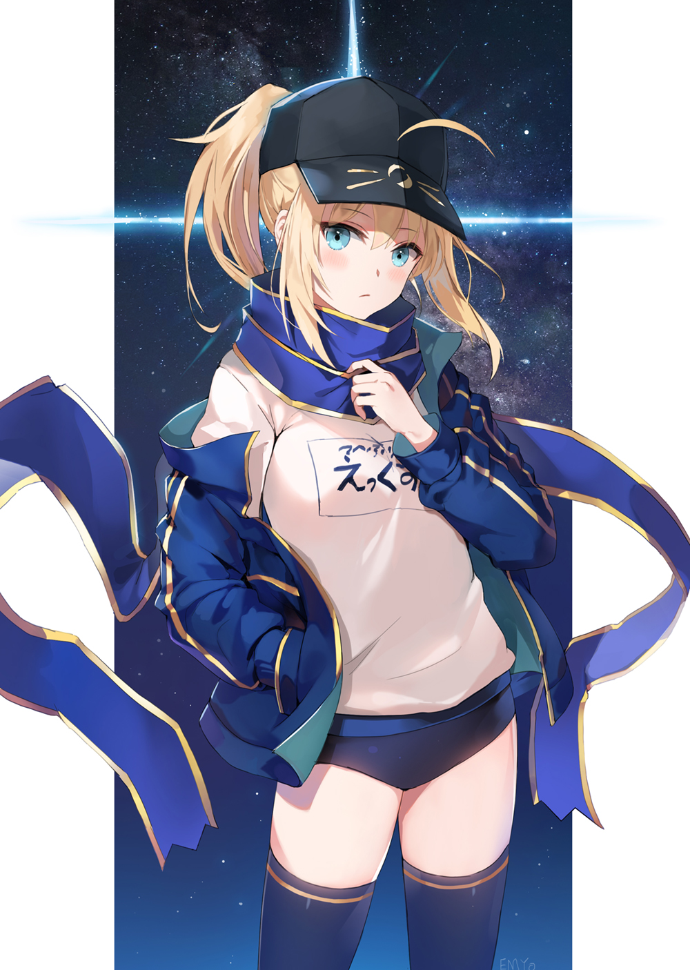 1girl ahoge artoria_pendragon_(all) bangs baseball_cap black_buruma black_hat black_legwear blonde_hair blue_jacket blue_scarf blush buruma closed_mouth clothes_writing contrapposto diffraction_spikes expressionless eyebrows_visible_through_hair floating_hair gym_uniform hair_between_eyes hair_through_headwear hand_in_pocket hand_up hat head_tilt highres jacket light_blue_eyes long_sleeves looking_at_viewer medium_hair mysterious_heroine_x night night_sky off_shoulder open_clothes open_jacket ponytail rojiura_satsuki:_chapter_heroine_sanctuary scarf shirt sidelocks signature sky solo standing star_(sky) starry_sky thigh-highs track_jacket white_shirt wind yumaomi