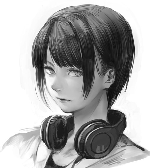 1girl bangs blunt_bangs closed_mouth commentary_request copyright_request greyscale hankuri headphones headphones_around_neck looking_at_viewer monochrome portrait shirt short_hair simple_background solo white_background