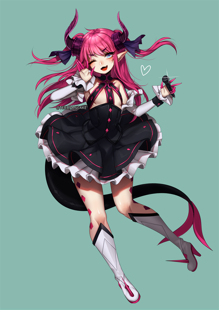 1girl ;d black_dress blue_eyes boots claws commentary detached_sleeves dress elizabeth_bathory_(fate)_(all) eyebrows_visible_through_hair eyes_visible_through_hair fang fate/extra fate_(series) flat_chest frilled_dress frills full_body green_background hair_ribbon heart high_heel_boots high_heels horns knee_boots long_hair looking_at_viewer microphone one_eye_closed open_mouth pink_hair pointy_ears ribbon simple_background smile solo tail teru_(renkyu) twitter_username two_side_up white_footwear