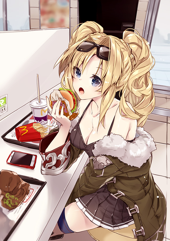 1girl 218 bare_shoulders black_skirt blonde_hair blue_eyes blush braid breasts cellphone cleavage collarbone eyebrows_visible_through_hair eyewear_on_head food fur-trimmed_jacket fur_trim granblue_fantasy green_jacket hamburger holding holding_food indoors jacket long_hair mcdonald's medium_breasts off_shoulder open_mouth phone pleated_skirt skirt smartphone solo sunglasses tray twintails zeta_(granblue_fantasy)
