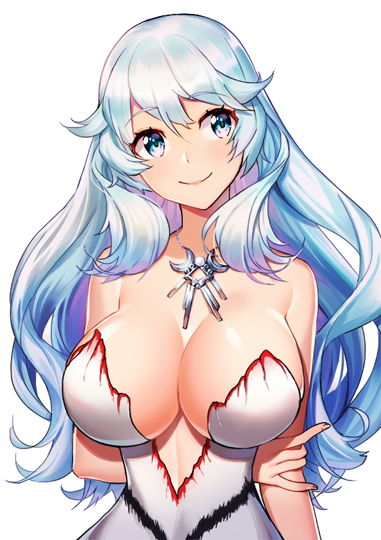 1girl ahri_(ari_30305) arms_behind_back artemis_(fate/grand_order) bangs bare_shoulders blue_eyes blush breasts cleavage closed_mouth collarbone dress eyebrows_visible_through_hair fate/grand_order fate_(series) hair_between_eyes jewelry large_breasts long_hair looking_to_the_side necklace simple_background smile solo swept_bangs white_background white_dress white_hair