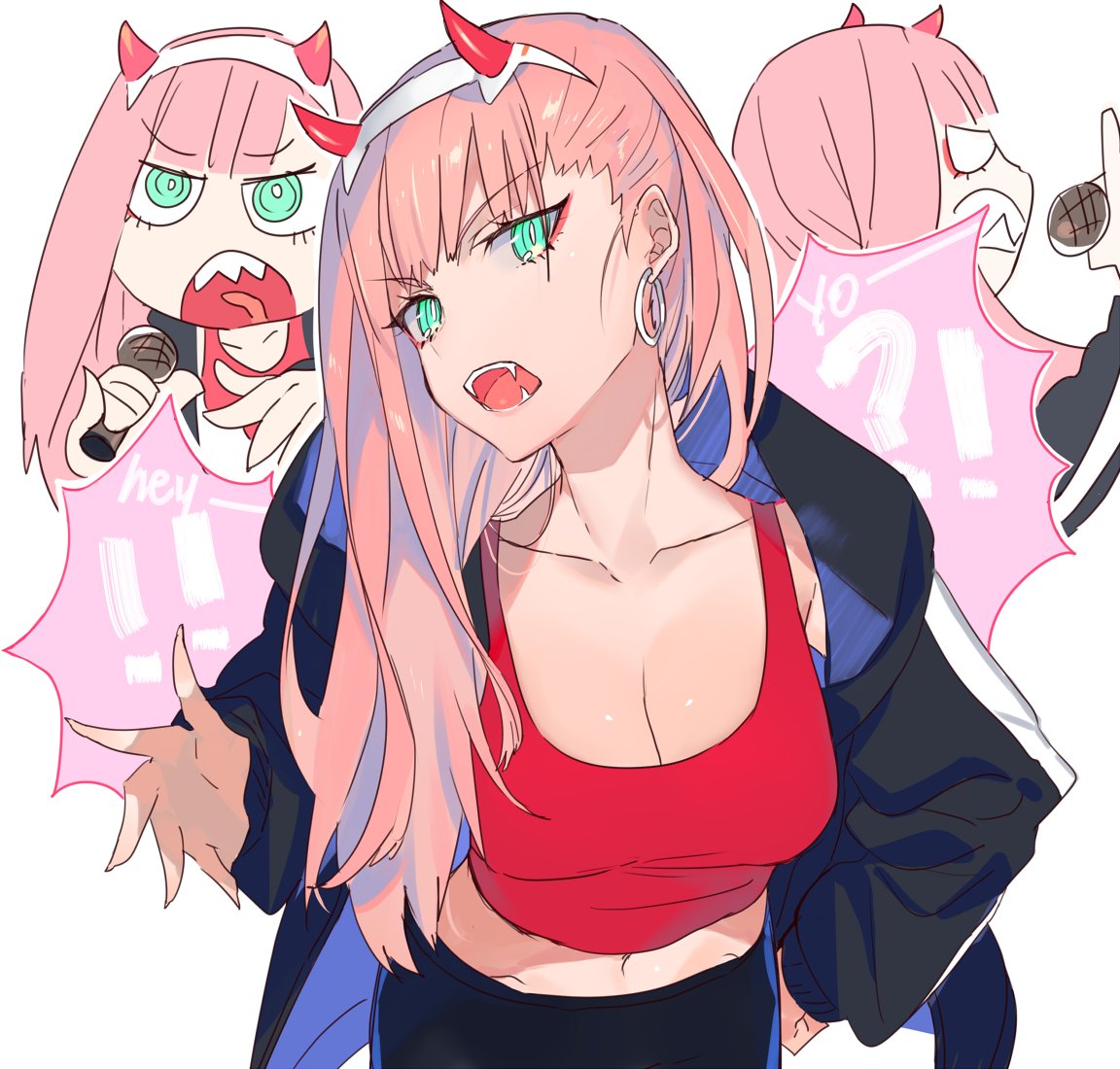 cow_(shadow) darling_in_the_franxx earrings fangs green_eyes hairband horns jacket jewelry pink_hair red_shirt shirt speech_bubble white_hairband zero_two_(darling_in_the_franxx)