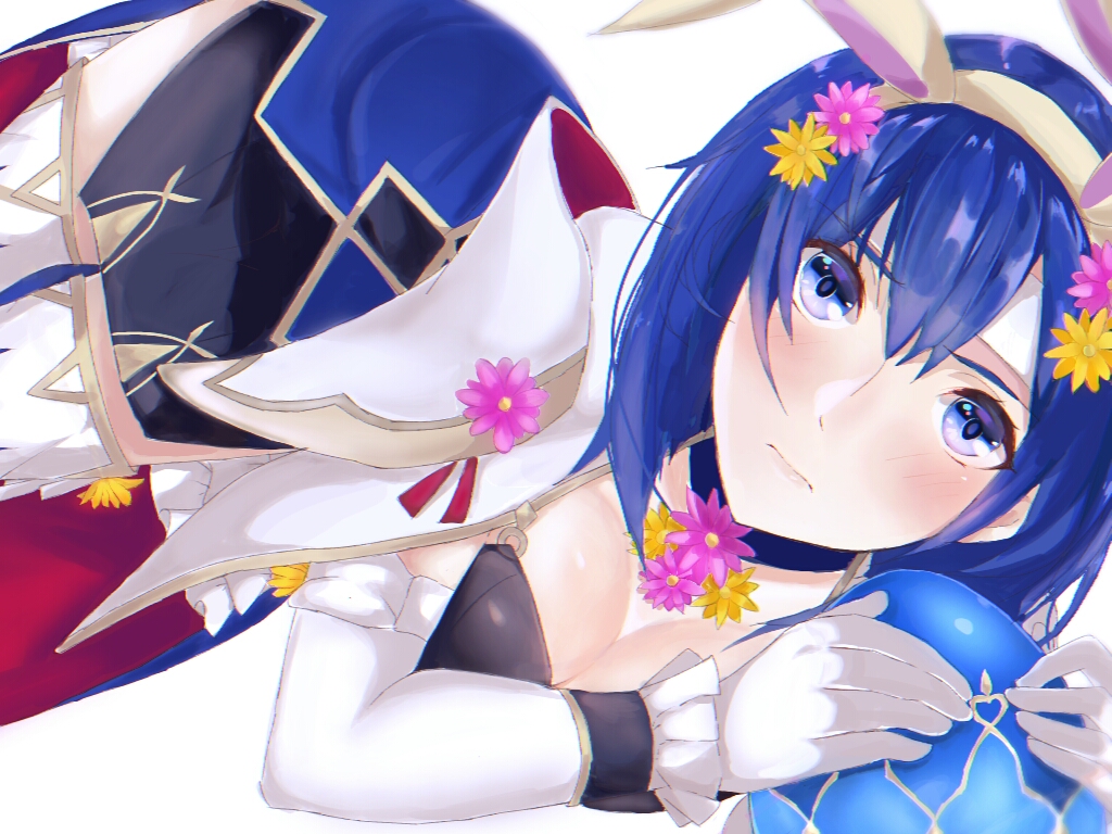 1girl aone_hiiro blue_eyes blue_hair blush boots breasts bunny_girl bunnysuit cleavage dress easter easter_egg egg elbow_gloves embarrassed fire_emblem fire_emblem_heroes flower gloves hair_flower hair_ornament katua looking_at_viewer lying medium_breasts on_side short_dress short_hair solo thigh-highs thigh_boots white_gloves