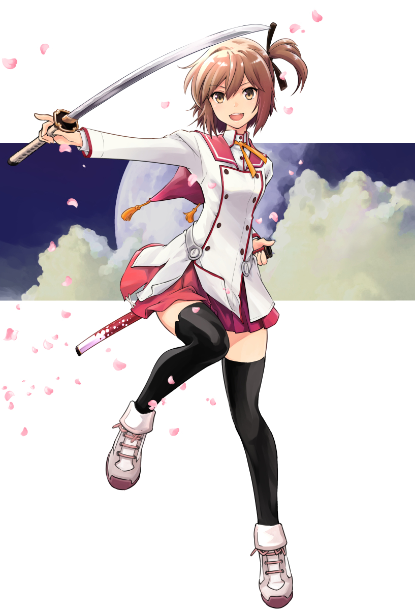 1girl :d black_legwear breasts brown_eyes brown_hair cherry_blossoms etou_kanami full_body hair_ribbon highres holding holding_sword holding_weapon katana looking_at_viewer one_side_up open_mouth pleated_skirt red_skirt ribbon saitou_sakae school_uniform shoes short_hair skirt small_breasts smile sneakers solo sword thigh-highs toji_no_miko unsheathed weapon