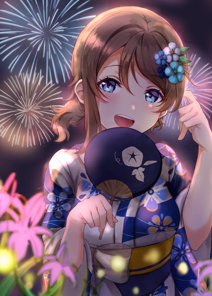 1girl :d alternate_hairstyle blue_eyes brown_hair fan fireworks floral_print flower grey_hair hair_between_eyes hair_flower hair_ornament hairpin hands_up japanese_clothes kimono looking_at_viewer love_live! love_live!_sunshine!! mia_(fai1510) night obi open_mouth paper_fan ponytail sash short_hair sidelocks smile solo uchiwa upper_body watanabe_you wide_sleeves