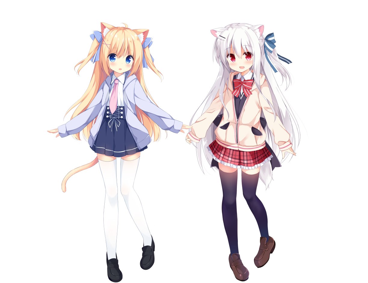 2girls :d :o animal_ears black_legwear blonde_hair blue_eyes cat_ears cat_girl cat_tail dog_ears dog_girl dog_tail fang frilled_skirt frills hair_ribbon hood hoodie koinu-chan kujou_danbo long_hair mimura_zaja miniskirt multiple_girls necktie open_clothes open_hoodie open_mouth original pleated_skirt red_eyes ribbon side_ponytail skirt smile tail thigh-highs twintails white_background white_hair white_legwear zettai_ryouiki