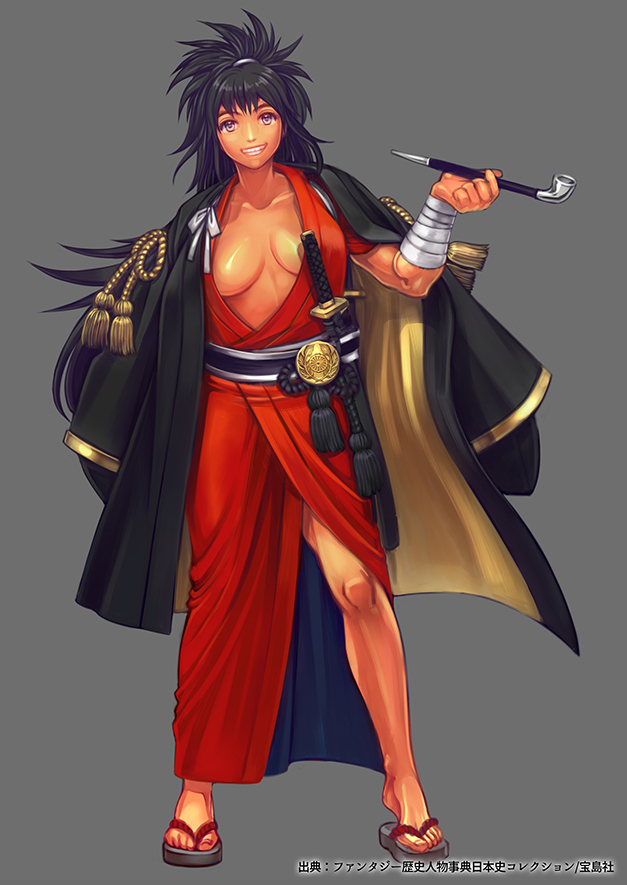 1girl black_hair breasts full_body genderswap grey_background hayosena jacket_on_shoulders long_hair medium_breasts official_art original parted_lips pipe sandals sheath sheathed smile solo standing sword tassel very_long_hair violet_eyes watermark weapon wrist_wraps