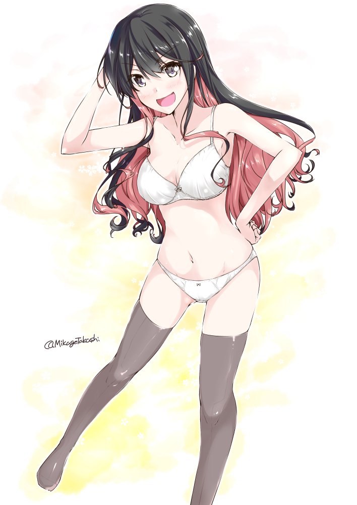 1girl black_hair black_legwear bra breasts fang feet_out_of_frame full_body kantai_collection large_breasts long_hair looking_at_viewer mikage_takashi multicolored multicolored_background multicolored_hair naganami_(kantai_collection) open_mouth panties pink_hair smile solo standing star starry_background thigh-highs twitter_username two-tone_hair underwear underwear_only wavy_hair white_background white_bra white_panties