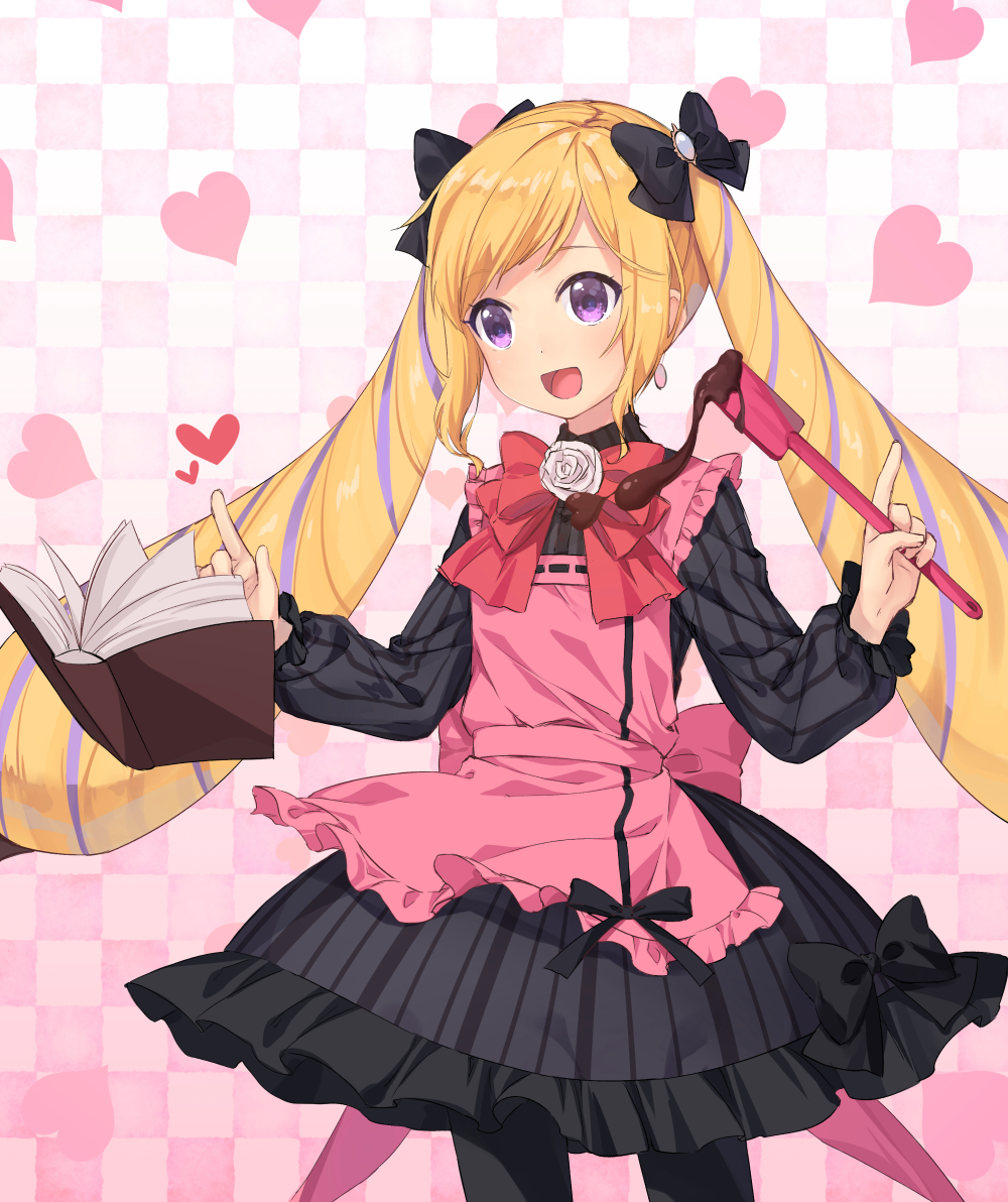 1girl :d apron bangs black_bow black_dress black_legwear blonde_hair blush book bow checkered checkered_background dress elise_(fire_emblem_if) eyebrows_visible_through_hair fire_emblem fire_emblem_if frilled_apron frills hair_bow heart holding index_finger_raised long_hair long_sleeves multicolored_hair open_book open_mouth pantyhose pink_apron purple_hair smile solo spatula streaked_hair striped transistor twintails vertical-striped_dress vertical_stripes very_long_hair violet_eyes
