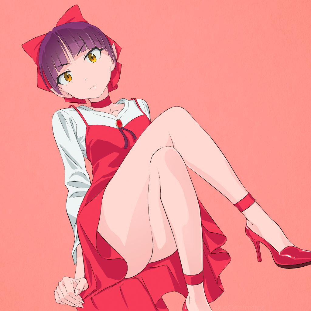 1girl akagi_(fmttps) bangs bare_legs bow brooch choker closed_mouth dress gegege_no_kitarou hair_bow high_heels jewelry legs_crossed long_sleeves looking_at_viewer nekomusume nekomusume_(gegege_no_kitarou_6) pointy_ears purple_hair red_bow red_choker red_dress shirt short_hair simple_background sitting solo white_shirt yellow_eyes