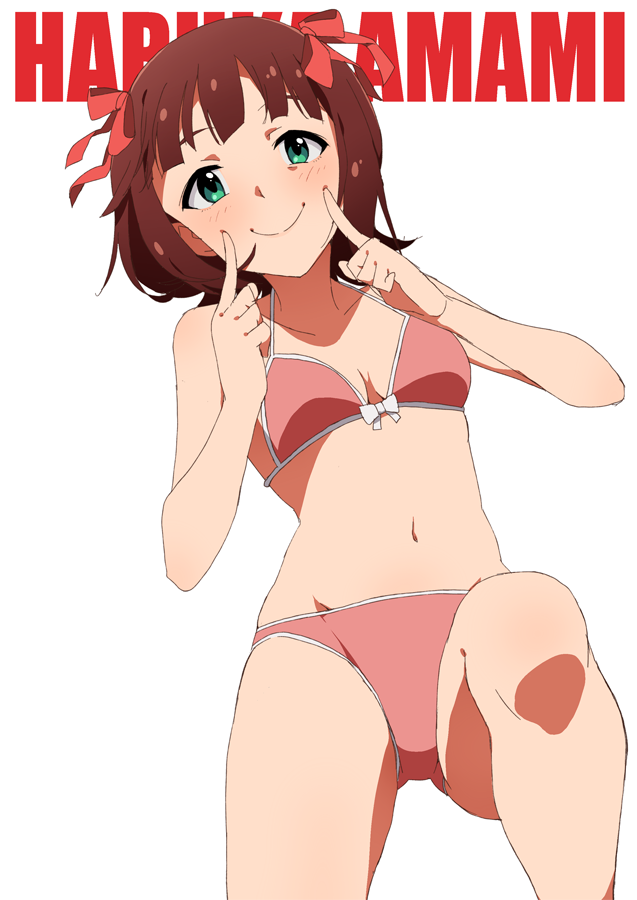 1girl amami_haruka bikini breasts brown_hair character_name cowboy_shot green_eyes groin hair_ribbon idolmaster idolmaster_(classic) index_finger_raised looking_at_viewer lying nanakura_nanane navel pink_bikini ribbon short_hair simple_background small_breasts smile solo swimsuit white_background