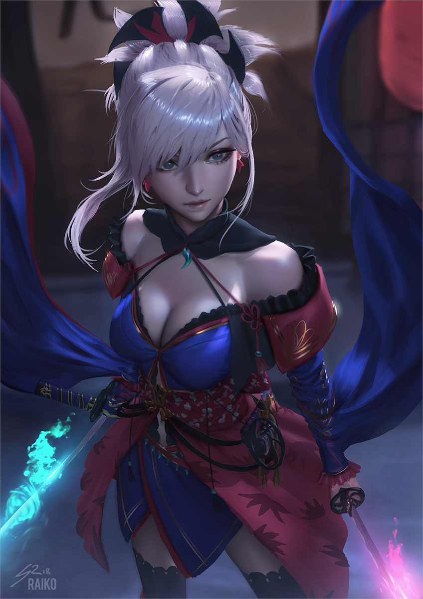 1girl asymmetrical_hair bare_shoulders blue_eyes blue_kimono breasts cleavage closed_mouth cowboy_shot detached_sleeves dual_wielding earrings fate/grand_order fate_(series) flaming_weapon hair_between_eyes hair_ornament highres holding holding_sword holding_weapon japanese_clothes jewelry katana kimono large_breasts lips long_hair long_sleeves magatama miyamoto_musashi_(fate/grand_order) navel obi ponytail raikoart sash sheath sheathed silver_hair sleeveless sleeveless_kimono sword thigh-highs weapon
