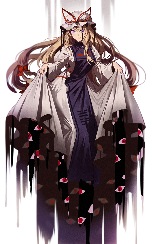 1girl blonde_hair dress floating_hair grey_dress hair_between_eyes hat hat_ribbon long_dress long_hair looking_at_viewer red_ribbon ribbon silence_girl skirt_hold smile solo standing touhou very_long_hair violet_eyes white_background white_hat yakumo_yukari