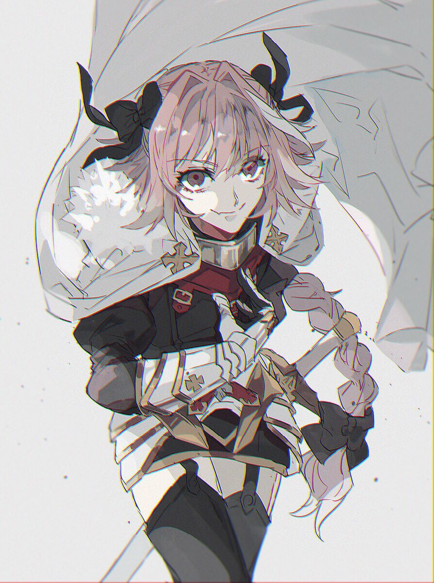 1boy astolfo_(fate) black_bow bow braid cap ebanoniwa fang fate/apocrypha fate_(series) garter_straps gauntlets grey_background hair_bow highres long_hair looking_at_viewer pink_hair single_braid smile solo sword trap very_long_hair weapon