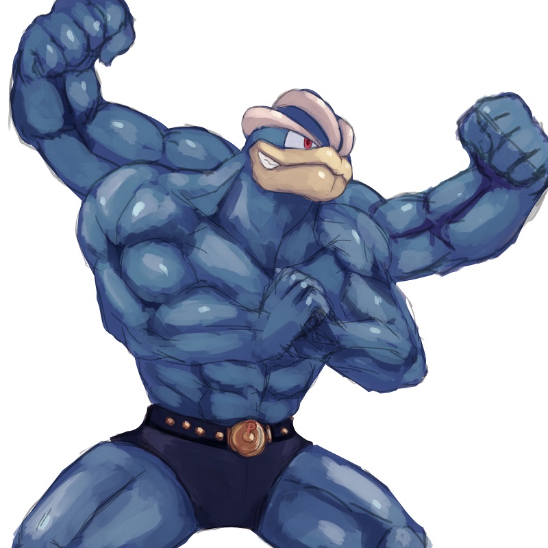 gen_1_pokemon machamp multiple_arms muscle no_humans pokemon pokemon_(creature) simple_background smile tesshii_(riza4828)