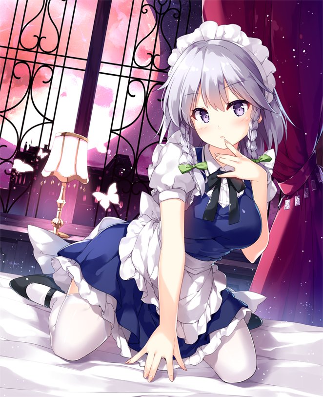 1girl apron bed black_footwear black_neckwear black_ribbon blue_dress blush bow braid breasts butterfly commentary_request curtains dress dutch_angle eyebrows_visible_through_hair finger_to_mouth green_bow hair_bow hand_up head_tilt indoors insect izayoi_sakuya lamp large_breasts light_particles looking_at_viewer maid maid_apron maid_headdress mary_janes miyase_mahiro moon mouth neck_ribbon parted_lips petticoat puffy_short_sleeves puffy_sleeves red_moon ribbon shoes short_dress short_sleeves silver_hair sitting solo thigh-highs touhou twin_braids violet_eyes waist_apron wariza white_apron white_legwear window