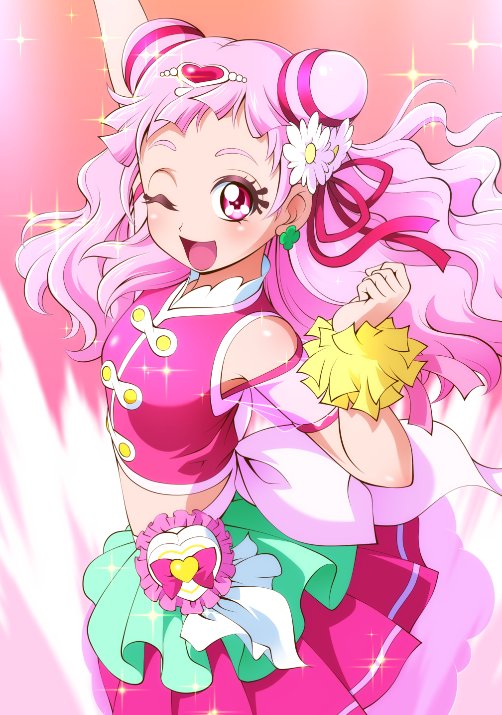 1girl ;d arm_up back_bow bow cowboy_shot cure_yell double_bun earrings eyelashes flower hair_flower hair_ornament hair_ribbon heart heart_hair_ornament highres hugtto!_precure jewelry layered_skirt long_hair looking_at_viewer magical_girl mattsua nono_hana one_eye_closed open_mouth pink pink_background pink_eyes pink_hair pink_shirt pink_skirt pleated_skirt precure red_ribbon ribbon shirt skirt sleeveless sleeveless_shirt smile solo sparkle white_bow wrist_cuffs