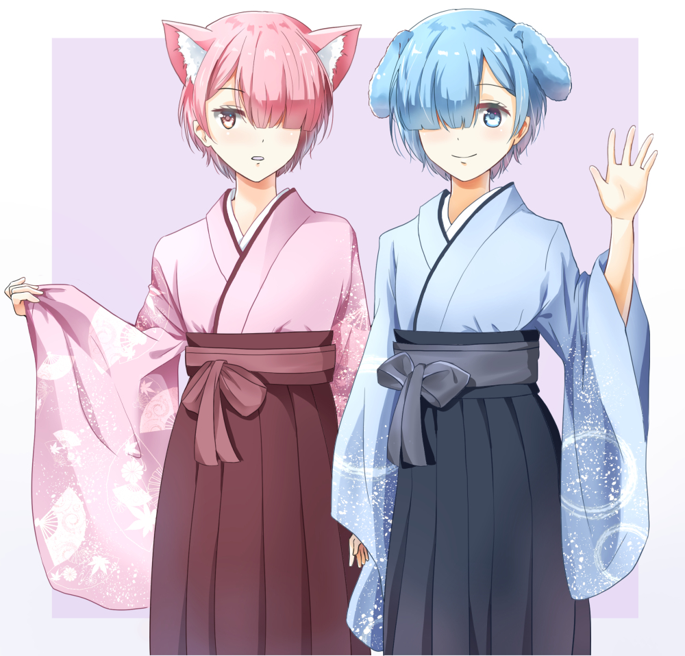 2boys animal_ears arm_up blue_eyes blue_hair blue_kimono brothers cat_ears commentary_request dog_ears genderswap genderswap_(ftm) hair_over_one_eye japanese_clothes kemonomimi_mode kimono multiple_boys nagifa pink_eyes pink_hair pink_kimono ram_(re:zero) re:zero_kara_hajimeru_isekai_seikatsu rem_(re:zero) short_hair siblings standing wide_sleeves