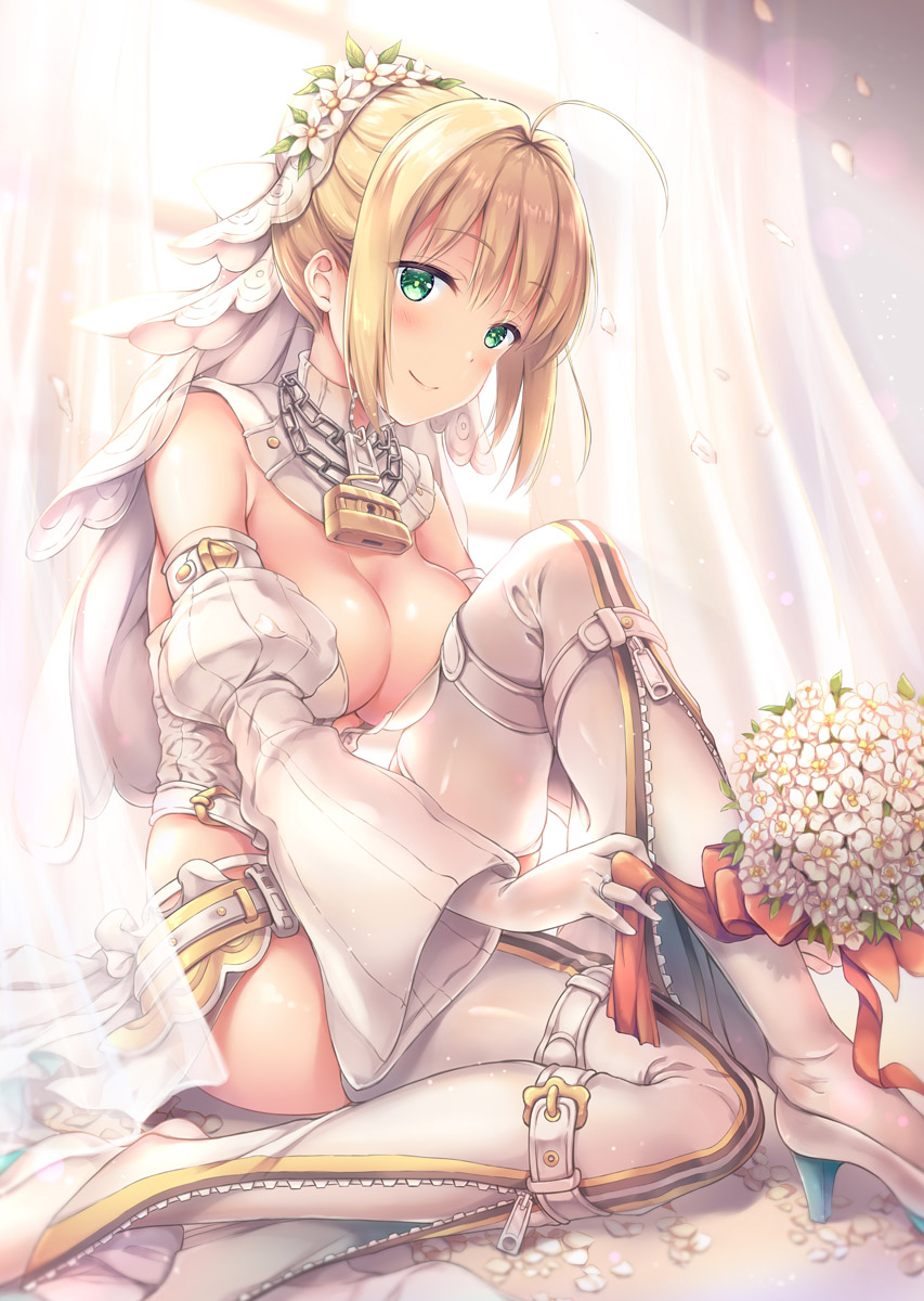 1girl ahoge bangs bare_shoulders blonde_hair blush bouquet breast_press breasts bridal_veil buckle center_opening chains cleavage closed_mouth curtains day detached_collar detached_sleeves eyebrows_visible_through_hair falling_petals fate/extra fate/extra_ccc fate_(series) flower gloves green_eyes hair_bun hair_intakes head_tilt head_wreath high_heels highres indoors jewelry knee_up large_breasts leotard light_particles light_rays lock long_sleeves looking_at_viewer nero_claudius_(bride)_(fate) nero_claudius_(fate)_(all) on_floor padlock partially_unzipped petals red_ribbon ribbon ring shiny shiny_clothes shiny_hair shiny_skin short_hair side_glance sidelocks sitting smile solo strapless strapless_leotard sunlight thigh-highs thigh_strap translucent vashaps2 veil wedding_ring white_belt white_flower white_footwear white_gloves white_legwear white_leotard wide_sleeves wind window zipper_pull_tab