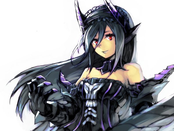 1girl bare_shoulders black_dress black_hair character_request claws closed_mouth commentary_request detached_collar dress floating_hair gothic_lolita hair_between_eyes hairband hankuri horns lolita_fashion looking_at_viewer monster_hunter red_eyes simple_background smile solo upper_body white_background