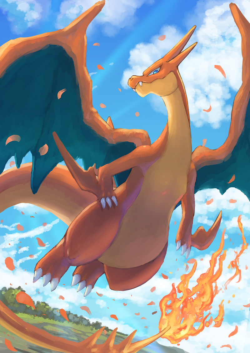 blue_eyes charizard clouds dragon fire flying gen_1_pokemon mega_charizard_y mega_pokemon no_humans pokemon pokemon_(creature) sky tesshii_(riza4828) wings