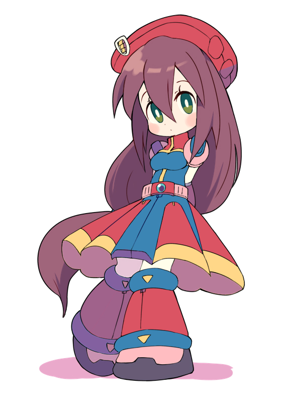 1girl android arms_behind_back bangs belt beret blush breasts brown_hair capcom dress full_body green_hair hair_between_eyes hat iris_(rockman_x) long_hair looking_to_the_side low-tied_long_hair medium_breasts miyata_(lhr) rockman rockman_x rockman_x4 simple_background solo standing very_long_hair white_background