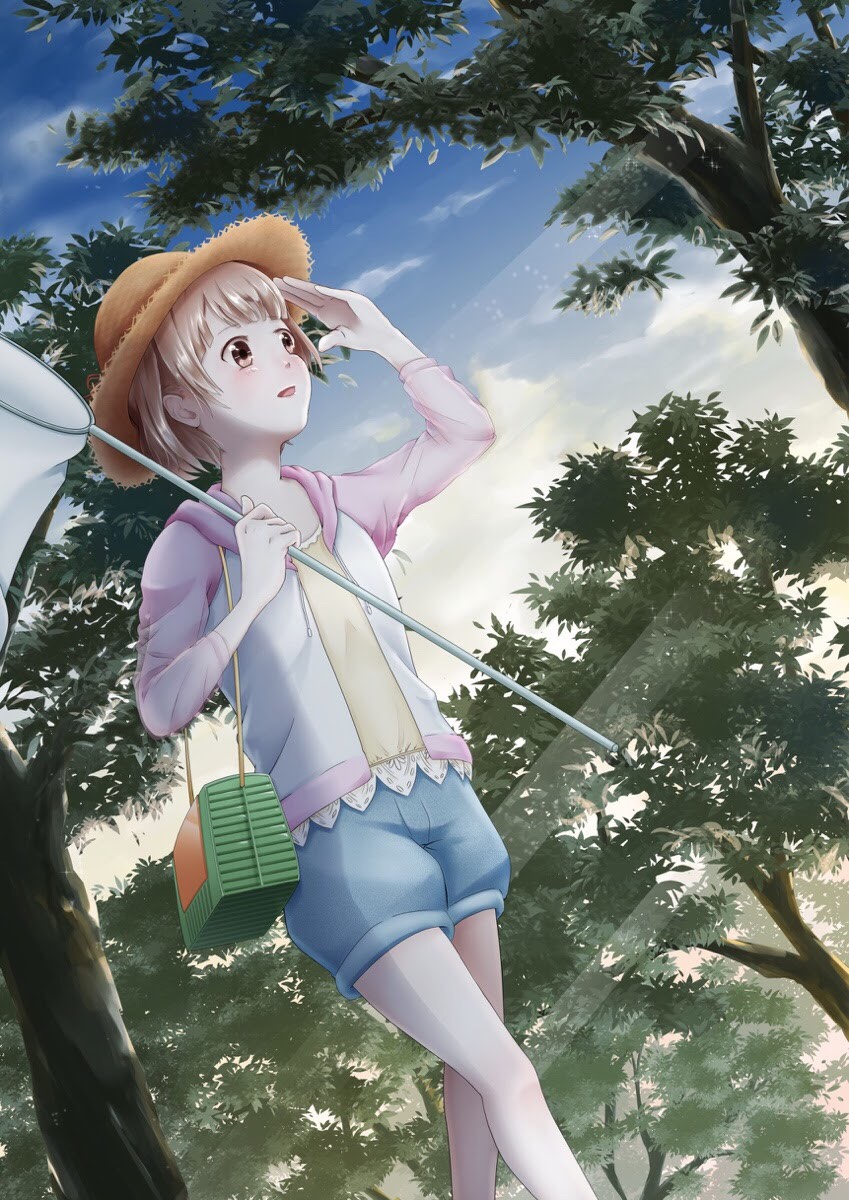 1girl blue_sky brown_eyes brown_hair butterfly_net dutch_angle forest hand_net hand_up hat highres kira_(natsu) looking_to_the_side nature original outdoors shirt shorts sky solo standing straw_hat summer tree yellow_shirt