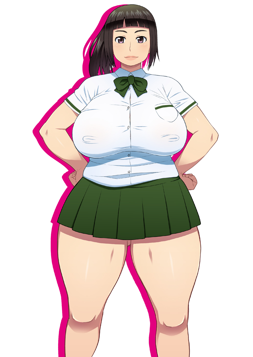 1girl blush breasts brown_hair curvy hands_on_hips highres huge_breasts long_hair looking_at_viewer oota_azami original plump ponytail school_uniform skirt smile solo tetrodotoxin thick_thighs thighs violet_eyes