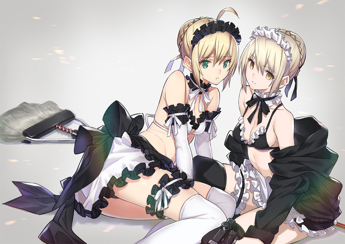 2girls ahoge apron artoria_pendragon_(all) black_panties blank_eyes blonde_hair braid breasts choker cleavage crown_braid fate/grand_order fate_(series) frills green_eyes hair_bun hair_ribbon jacket leg_garter looking_at_viewer maid_headdress mop multiple_girls off_shoulder open_clothes open_jacket panties parted_lips ribbon saber_alter saitou_masatsugu short_hair sitting small_breasts thigh-highs underwear waist_apron white_legwear yellow_eyes yokozuwari