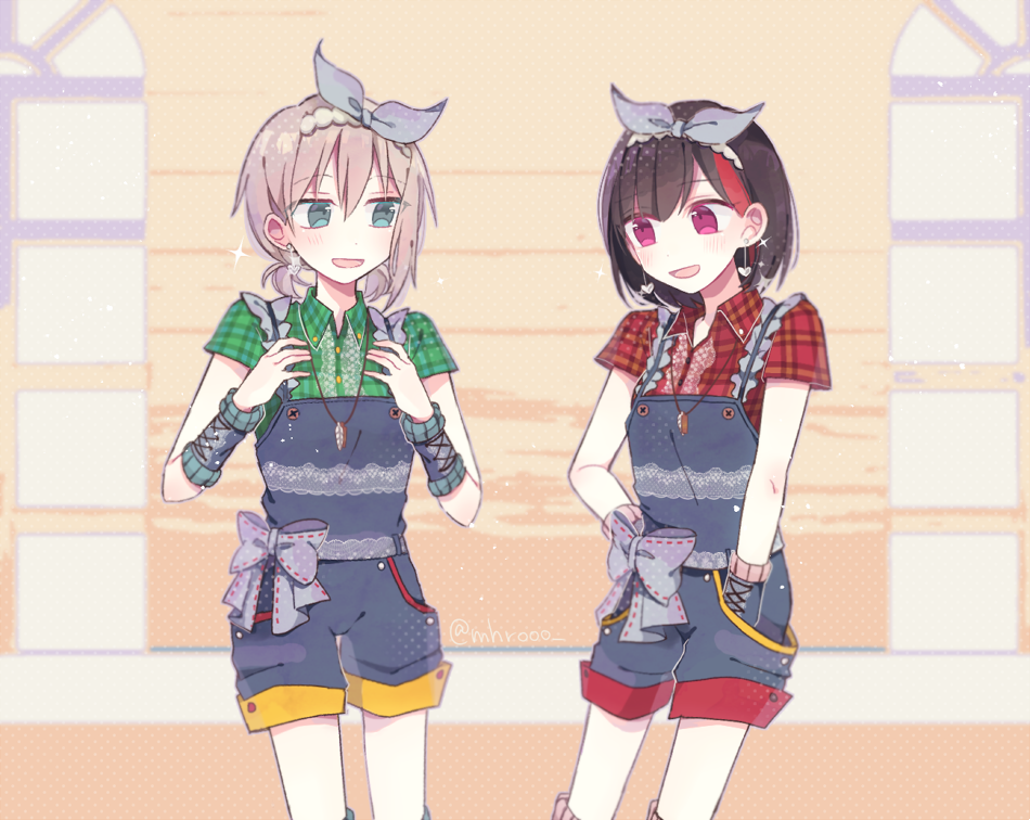 2girls alternate_costume alternate_hairstyle aoba_moka aqua_eyes bang_dream! black_hair blue_eyes earrings grey_hair hairband hand_in_pocket jewelry maroon_eyes mitake_ran multiple_girls necklace open_mouth overalls red_eyes short_hair short_twintails shorts smile suspenders twintails wrist_cuffs