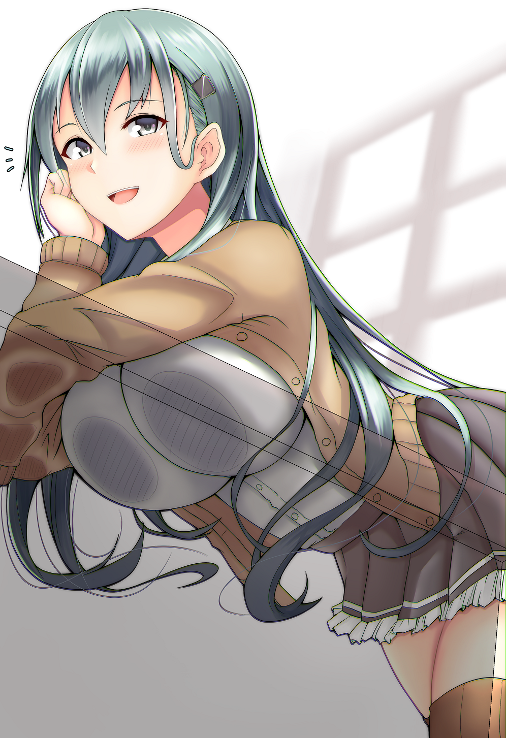 1girl :d blouse blush breasts brown_jacket brown_legwear brown_skirt brown_sweater buttons dial16yoi green_eyes green_hair hair_between_eyes hair_ornament hairclip highres huge_breasts jacket kantai_collection long_hair long_sleeves open_mouth pleated_skirt remodel_(kantai_collection) skirt smile solo suzuya_(kantai_collection) sweater sweater_jacket thigh-highs white_blouse