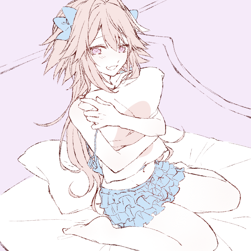 1boy :d alternate_hairstyle astolfo_(fate) bangs bare_arms bare_legs bare_shoulders barefoot bed_sheet blue_bow blue_camisole blush bow camisole citron_82 collarbone commentary_request covering covering_breasts eyebrows_visible_through_hair fang fate/apocrypha fate_(series) frilled_shorts frills from_above hair_between_eyes hair_bow hair_down hair_intakes half-closed_eyes hands_up holding holding_pillow indoors long_hair looking_at_viewer male_focus multicolored_hair navel on_bed open_mouth pajamas pale_color parted_bangs pillow pink_hair raised_eyebrows shorts sitting sketch skirt smile soles solo spaghetti_strap stomach strap_slip streaked_hair trap two-tone_hair very_long_hair violet_eyes wariza white_hair