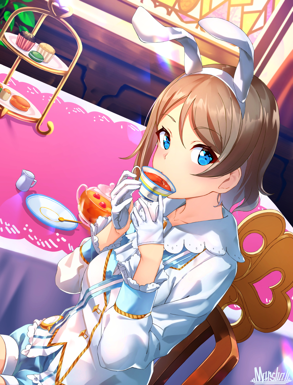 1girl animal_ears artist_name blue_eyes chair cup cupcake dutch_angle eyebrows_visible_through_hair fake_animal_ears food gloves grey_hair half_gloves highres long_sleeves looking_at_viewer love_live! love_live!_sunshine!! macaron marshall_(wahooo) pocket_watch rabbit_ears saucer short_hair sipping sitting solo stained_glass table tablecloth teacup teaspoon watanabe_you watch white_gloves
