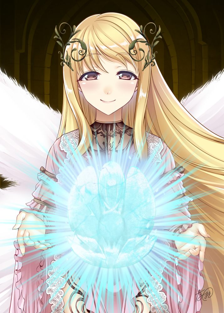 aigis_(sennen_sensou_aigis) arch blonde_hair blush dark_background derivative_work dress frills goddess head_wreath inside long_hair looking_at_viewer magic narumizg pink_dress sennen_sensou_aigis signature smile standing very_long_hair violet_eyes white_wings wide_sleeves wings