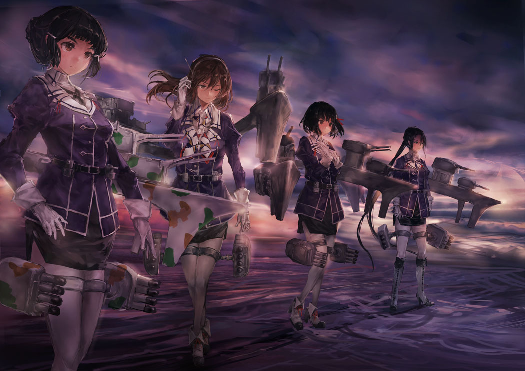 4girls absurdly_long_hair ashigara_(kantai_collection) black_hair boots breasts brown_eyes brown_hair camouflage cannon clouds cloudy_sky gloves haguro_(kantai_collection) hair_bun hair_ornament hairband hands_on_own_chest horned_headwear kantai_collection long_hair medium_breasts multiple_girls myoukou_(kantai_collection) nachi_(kantai_collection) ocean one_eye_closed pantyhose remodel_(kantai_collection) short_hair side_ponytail skirt sky small_breasts sun sunset toka_(marchlizard) torpedo_tubes turret uniform very_long_hair wavy_hair white_gloves