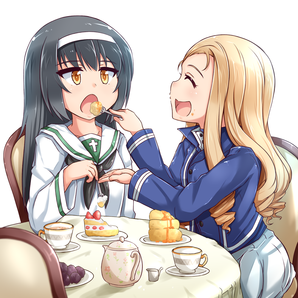 2girls bangs bc_freedom_military_uniform black_hair black_neckwear blonde_hair blouse blue_jacket blurry blurry_foreground brown_eyes cake commentary_request cup depth_of_field dress_shirt drill_hair feeding food fork fruit girls_und_panzer hairband high_collar holding jacket kitayama_miuki long_hair long_sleeves looking_at_another marie_(girls_und_panzer) military military_uniform multiple_girls neckerchief ooarai_school_uniform open_mouth pleated_skirt reizei_mako saucer school_uniform serafuku shirt sitting skirt smile strawberry table tea teacup teapot uniform white_blouse white_hairband white_shirt white_skirt