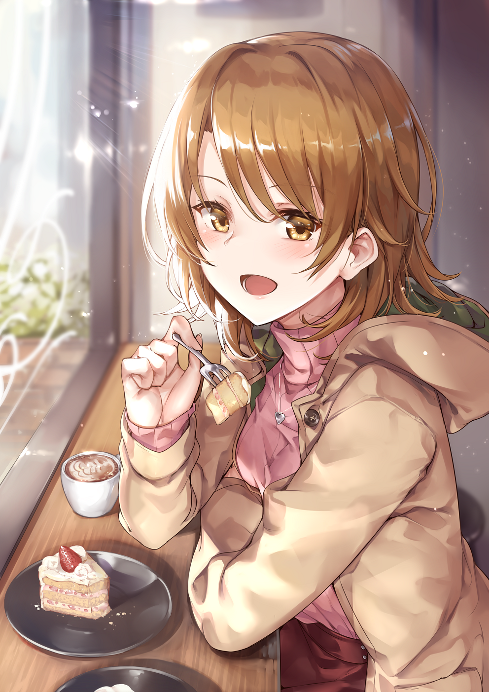 1girl blush breasts brown_eyes brown_hair cake chocolate feeding food fork fruit highres holding isshiki_iroha jacket ks looking_at_viewer medium_breasts open_mouth plate pov_feeding sharing_food short_hair smile spoon strawberry upper_body yahari_ore_no_seishun_lovecome_wa_machigatteiru.