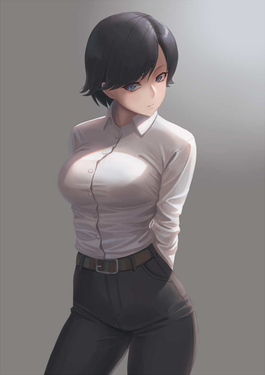 1girl arms_behind_back belt black_hair black_pants blue_eyes breasts brown_belt buttons closed_mouth collared_shirt commentary_request contrapposto cowboy_shot dress_shirt grey_background highres large_breasts long_sleeves looking_at_viewer original pants ranma_(kamenrideroz) shirt simple_background solo standing white_shirt wing_collar