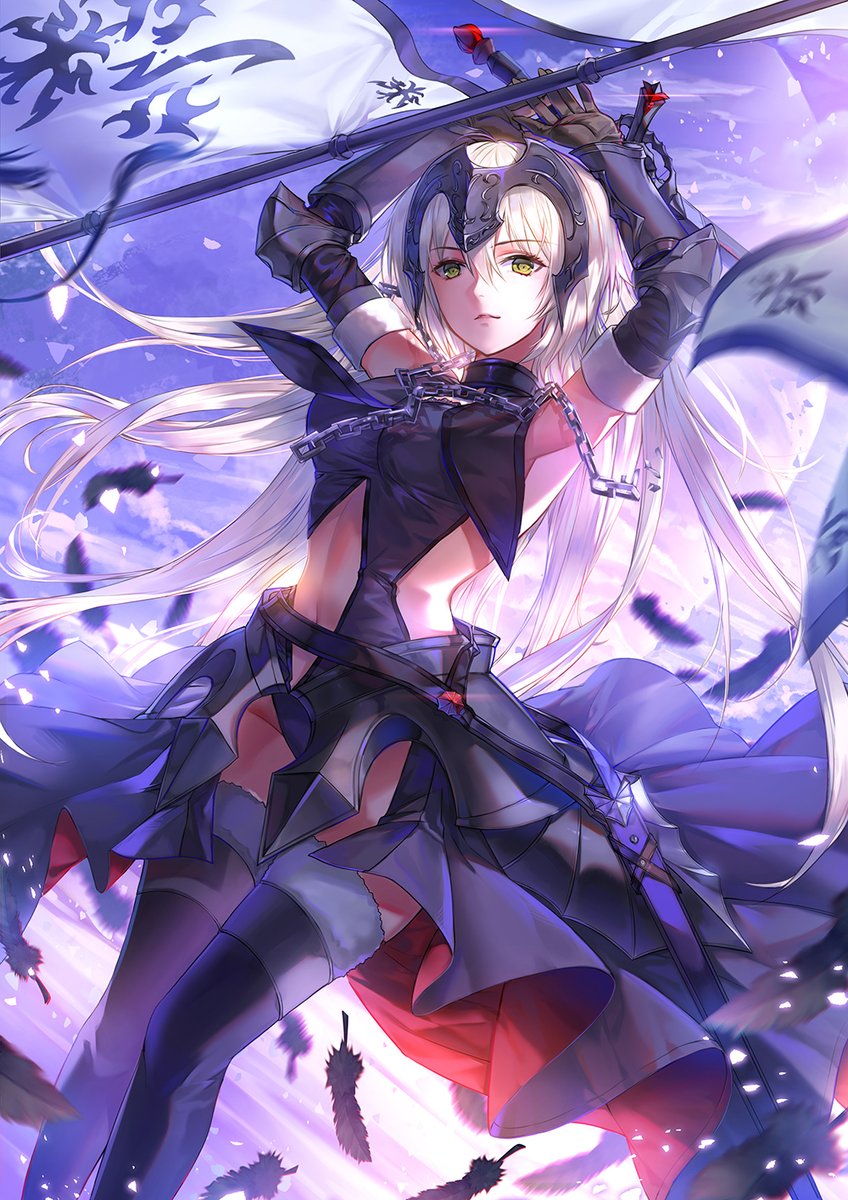 1girl arms_up black_feathers black_gloves blue_sky chains clouds day fate/grand_order fate_(series) feathers flag gauntlets gloves headpiece highres jeanne_d'arc_(alter)_(fate) jeanne_d'arc_(fate)_(all) long_hair looking_at_viewer navel outdoors sheath shenteita sky solo sword thigh-highs very_long_hair weapon white_hair yellow_eyes