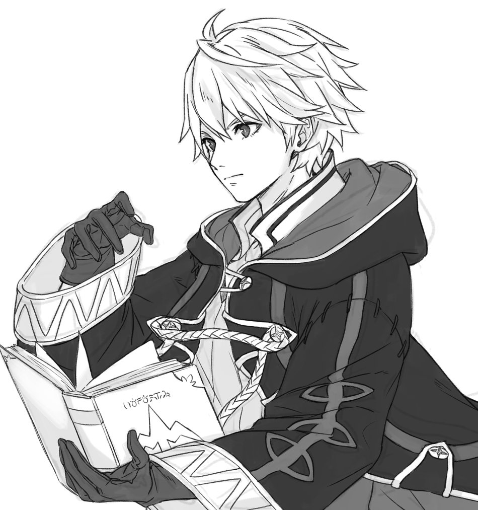 1boy book cape fire_emblem fire_emblem:_kakusei gloves hood kamu_(kamuuei) male_focus male_my_unit_(fire_emblem:_kakusei) mamkute monochrome my_unit_(fire_emblem:_kakusei) short_hair smile solo white_hair