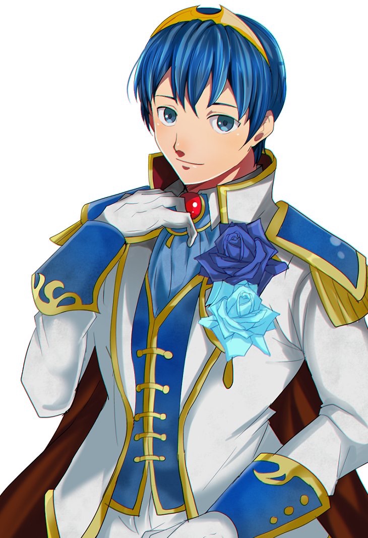 1boy blue_eyes blue_hair cape european_clothes fire_emblem fire_emblem:_ankoku_ryuu_to_hikari_no_tsurugi fire_emblem:_mystery_of_the_emblem fire_emblem:_shin_ankoku_ryuu_to_hikari_no_tsurugi fire_emblem:_shin_monshou_no_nazo fire_emblem_musou flower gloves groom looking_at_viewer marth rem_sora410 rose simple_background smile tiara white_background