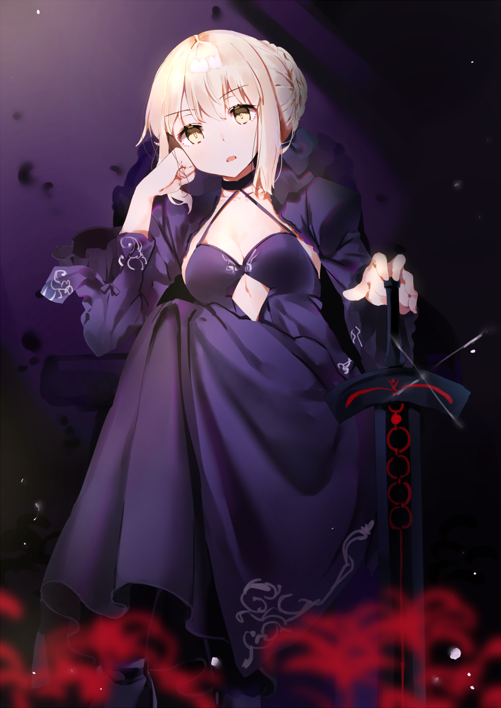 1girl artoria_pendragon_(all) black_dress blonde_hair breasts cleavage cutout dress eyebrows_visible_through_hair fate/stay_night fate_(series) gothic_lolita hair_between_eyes hand_on_hilt head_tilt highres legs_crossed lolita_fashion long_dress looking_at_viewer medium_breasts ongyageum open_mouth saber_alter short_hair_with_long_locks sidelocks sitting sleeveless sleeveless_dress solo sparkle yellow_eyes