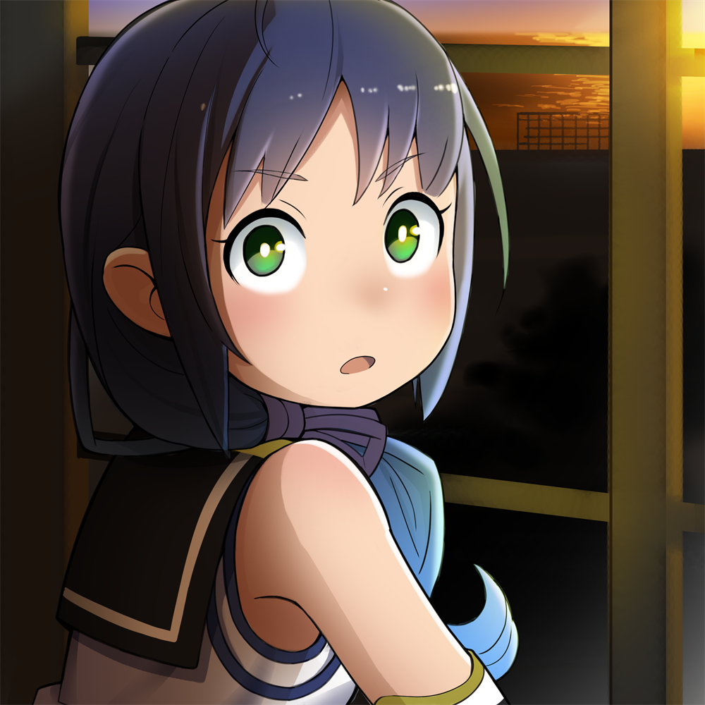 &gt;:o 1girl blue_hair blush commentary_request dawn elbow_gloves from_behind gloves green_eyes hair_ribbon kantai_collection looking_at_viewer looking_back mizuki_kyouto ribbon solo suzukaze_(kantai_collection) upper_body window