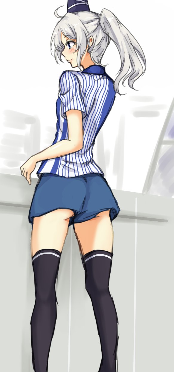 amagi_(amagi626) ass black_legwear blue_eyes commentary convenience_store from_behind highres lawson legs mononobe_no_futo ponytail shop short_hair store_clerk thigh-highs thighs touhou uniform white_hair zettai_ryouiki