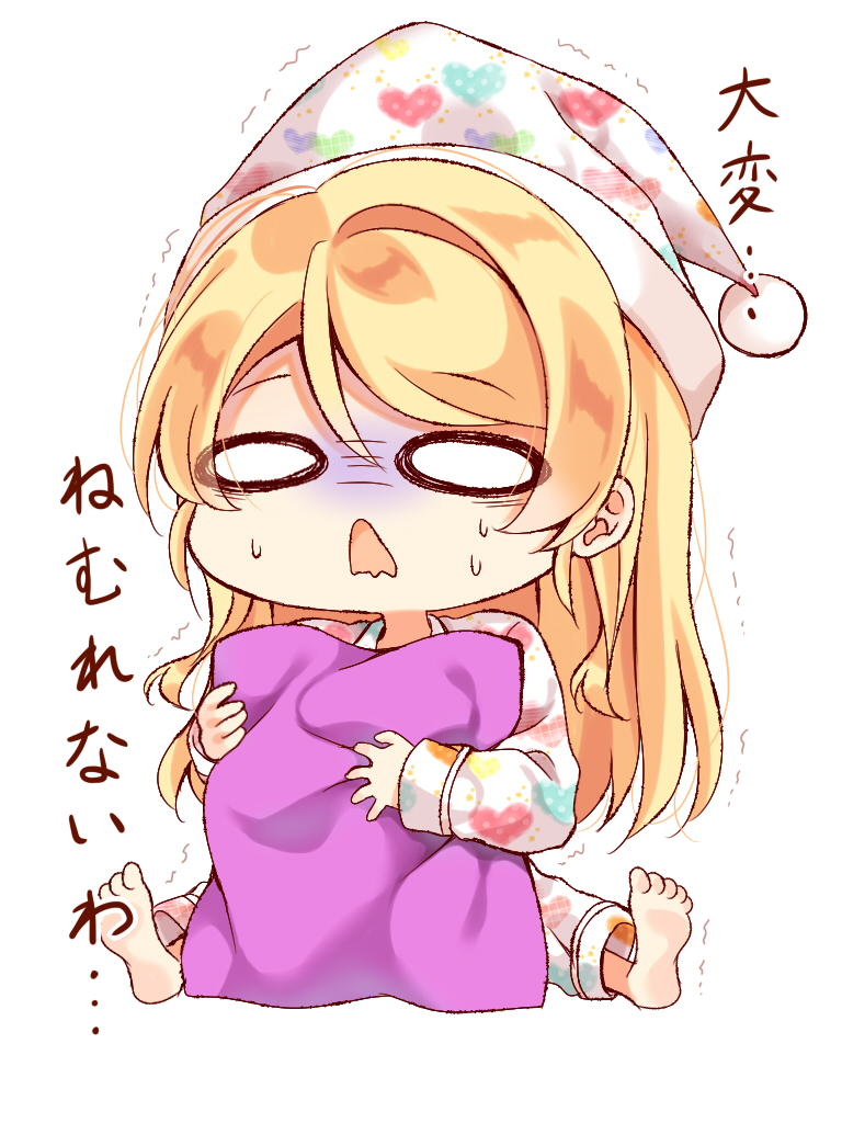 1girl ayase_eli barefoot blonde_hair chibi hair_down hat heart heart_print long_sleeves love_live! love_live!_school_idol_project mogu_(au1127) nightcap o_o open_mouth pajamas pillow pillow_hug purple_pillow solo sweatdrop translation_request trembling turn_pale wavy_mouth white_background